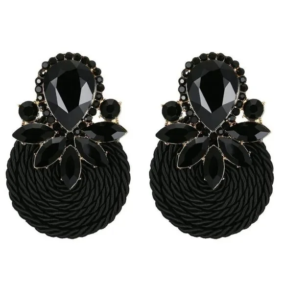 Yellow Gold and Black Onyx Crystal Floral Cluster Rattan Post Statement Earrings