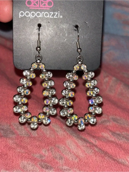 paparazzi Iridescent Crystal Teardrop Dangle Earrings - Silver