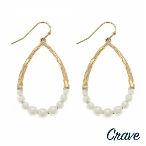 Boutique NWT Hammered pearl beaded teardrop earrings angelcore boho western