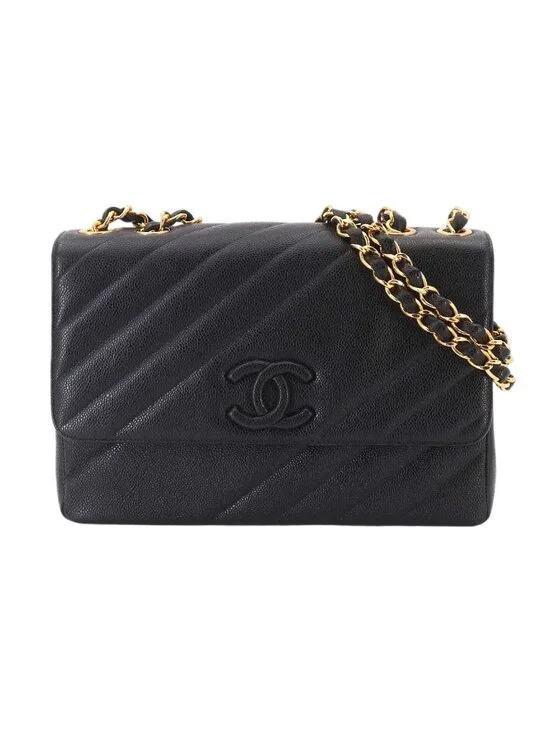 Chanel Bias Stitch Chain Shoulder Bag Caviar Leather Black Vintage