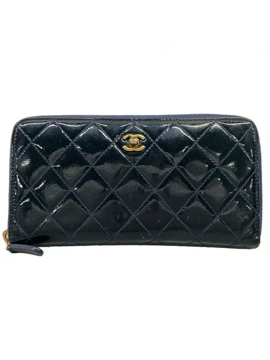 Chanel Wallet Quilted Navy Zip Around Gold Leather