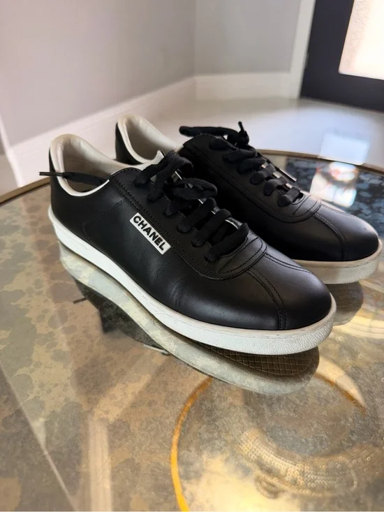 CHANEL Black and White Leather Low-Top Sneakers lightly used