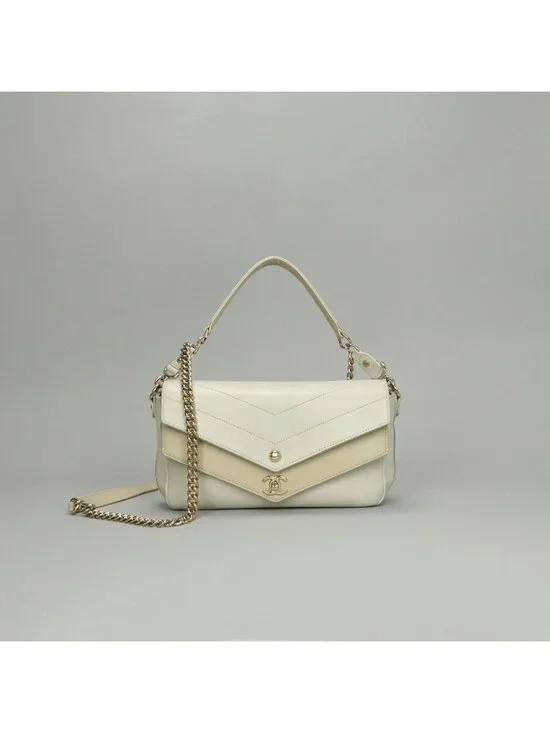 Chanel Blanc Stitch Shoulder Bag Calfskin Beige Gold Chain Bag CC Logo Turnlock