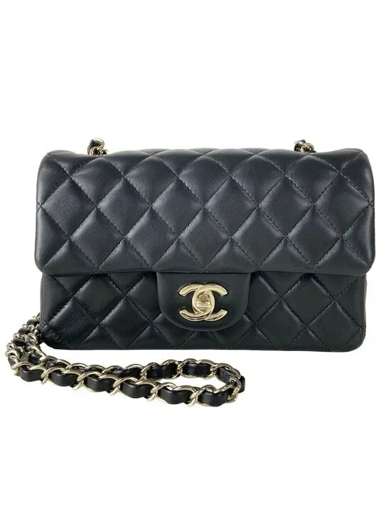 Chanel Shoulder Bag Mini Quilted Black Chain Silver Metal Lambskin