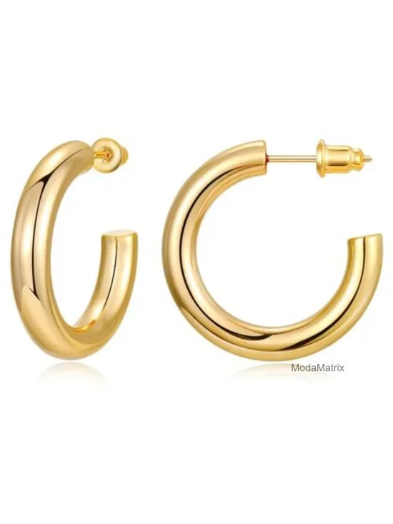 Chunky Hoop Earrings 14K Gold Plated, 925 Sterling Silver Post