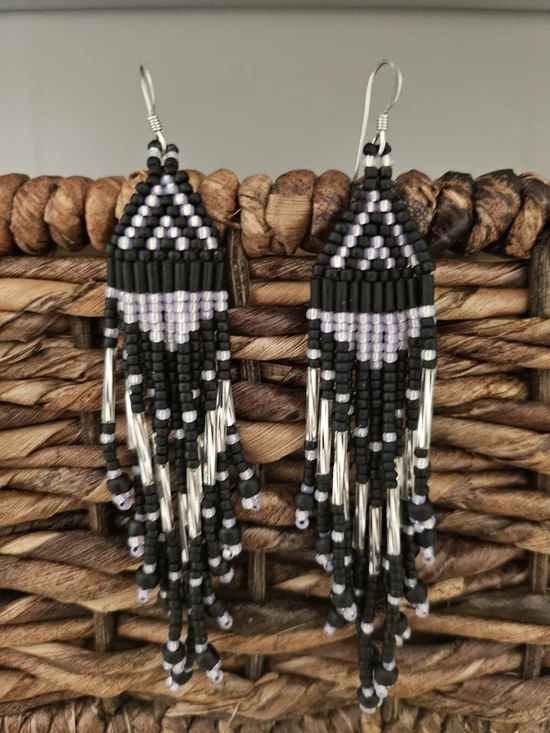 Handmade Black and Silver Beaded Fringe Earrings