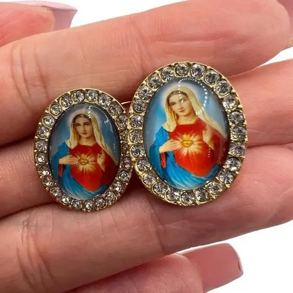 Virgen Maria Sacred Heart Crystal Rhinestone Gold Tone Oval Post Earrings