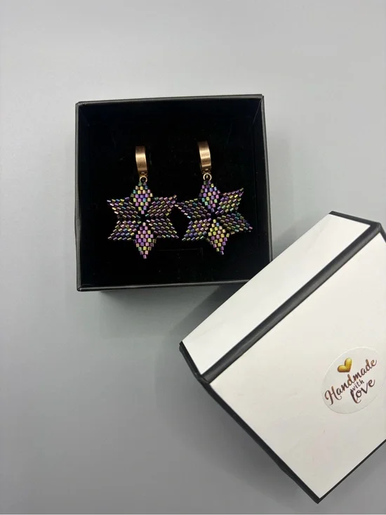 Handmade Iridescent Star Bead Drop Earrings - Purple & Multicolor