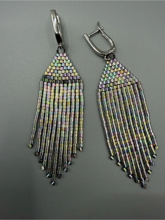 Iridescent Multicolor Seed Bead Fringe Earrings - Unbranded