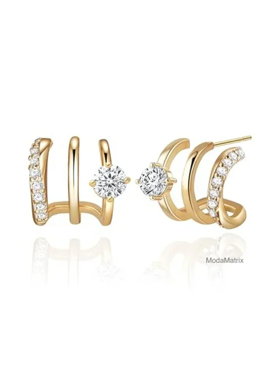 14K Gold Plated Triple Huggie Hoop Earrings Stud Ear Cuff