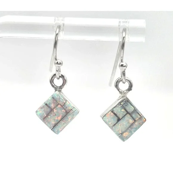 Fire Opal Earrings Dangles Sterling Silver Inlays Handmade Squares Signed SM NEW