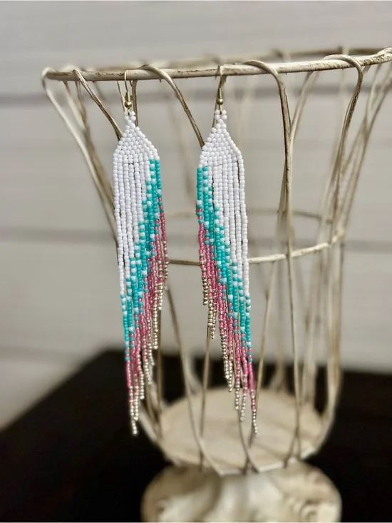 White Turquoise Pink Gold Long Fringe Beaded Earrings Cowgirl Boho Festival Wear