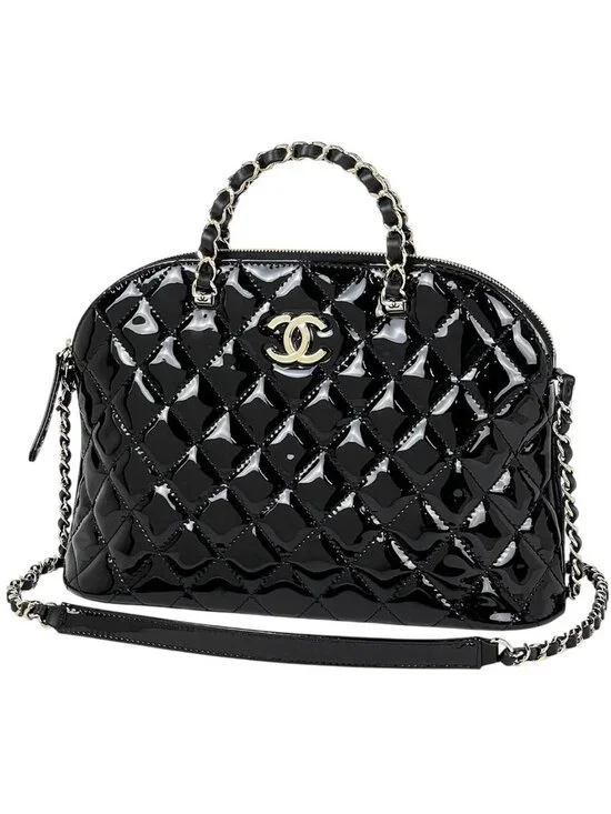 Chanel CC Logo Handbag Chain 2-Way Enamel Patent Leather Black