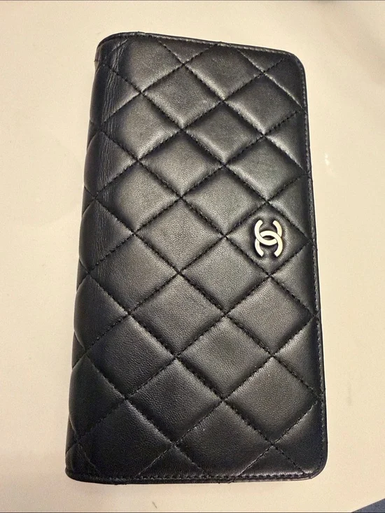 Authentic CHANEL Black Quilted Leather Long Wallet with Silver CC
