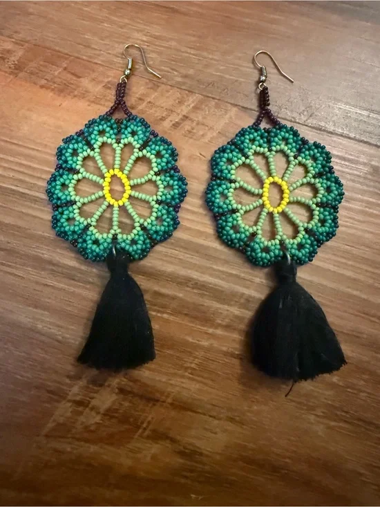 MEXICANA Green Yellow Black Beaded Floral Tassel Earrings