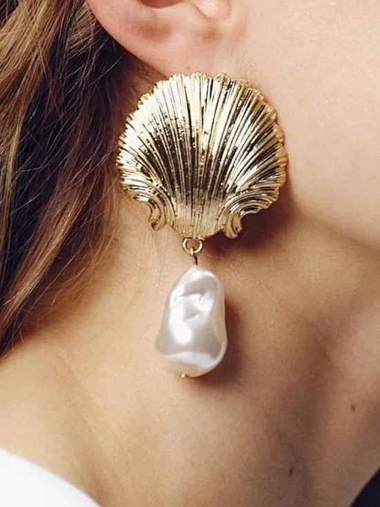 Anthropologie Gold Color Shell Drop Earrings with White Pearl