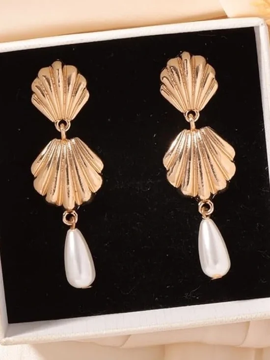 Anthropologie Gold Color Shell Drop Earrings with White Pearl Teardrop