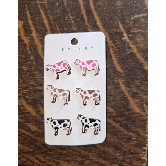 Spotted Cow Pierced Ear‎ Earrings 3 Pair