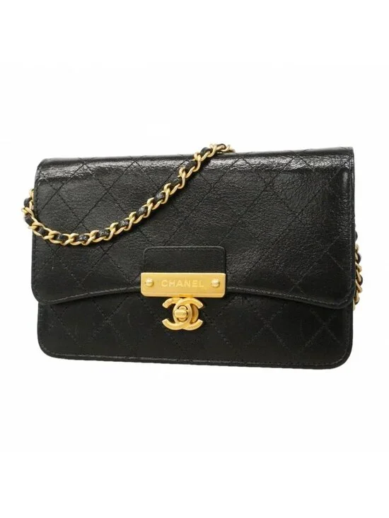 Chanel Shoulder Wallet Quilted Leather Black Champagne Gold