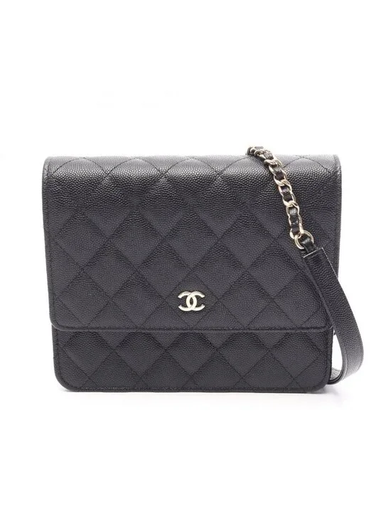 Chanel Shoulder Bag Quilted Black Caviar Leather Chain Wallet