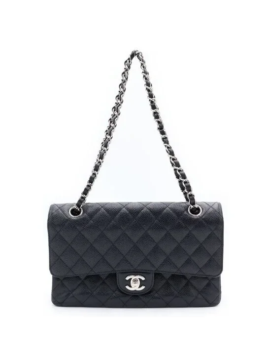 Chanel Quilted 25 Double Flap Chain Shoulder Bag Caviar Leather Black
