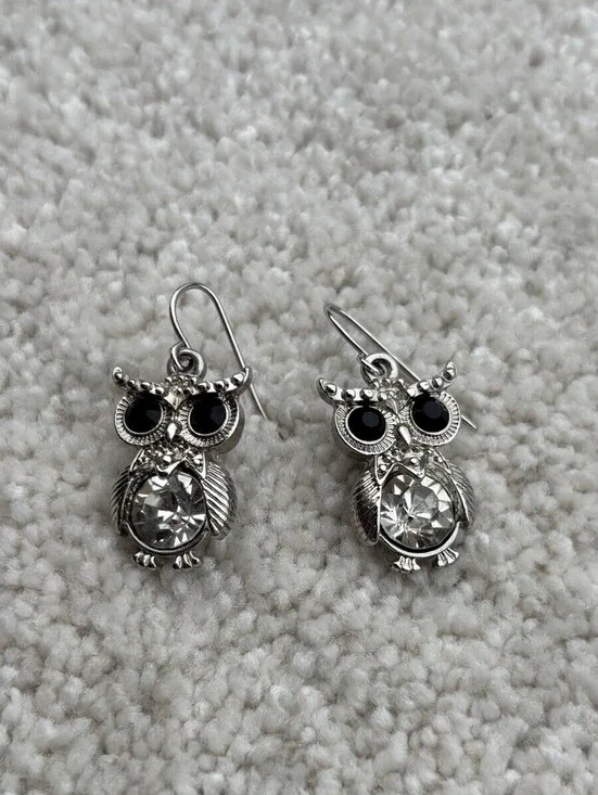 Silver Tone Owl Drop Earrings with Black And White Rhinestones Drop Dangle