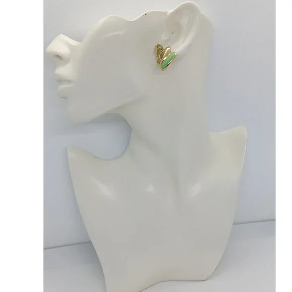 Asymmetrical Silver Green Enamel Gold Tone Layered Wing Stud Earrings #21