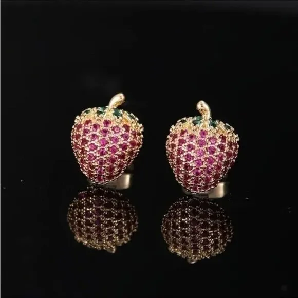 Gold and Pink Strawberry Rhinestone  Stud Earrings