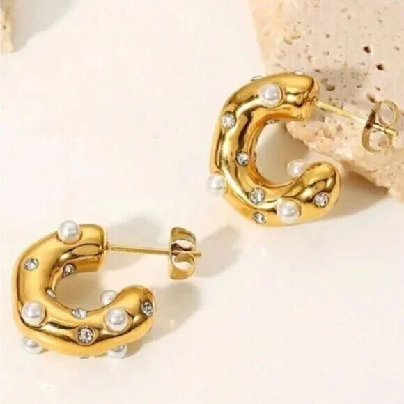 Gold Cuff Rhinestone Pearl Stainless Steel Shiny Inlaid Hoop Earrings