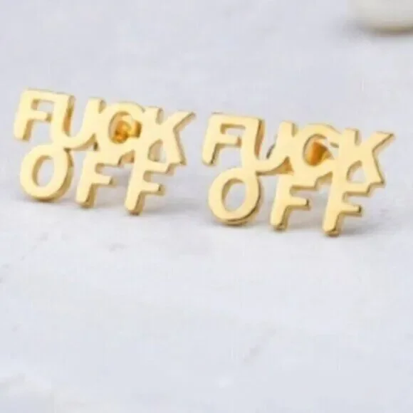 Gold Stainless Steel Letter Stud F*uck Off Earrings