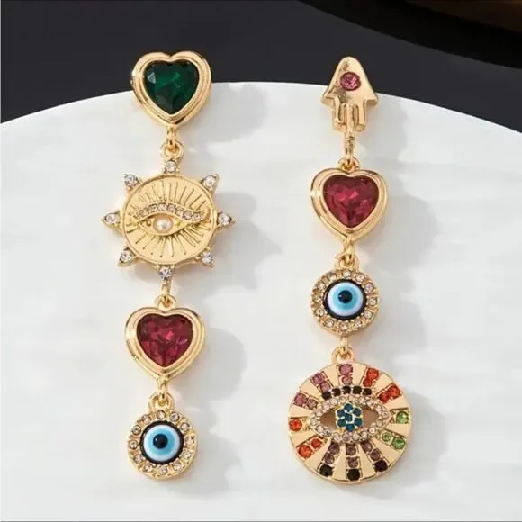 Bohemian Ethnic Seeing Eye Rhinestone  Heart Gold and Multicolor Dangle Earrings