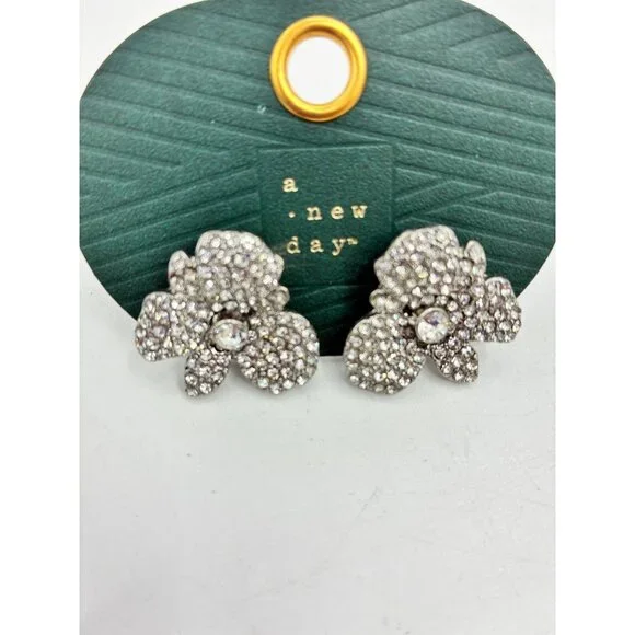 A New Day Shamrock Shaped Rhinestone Stud Earrings Sparkling Silver Tone
