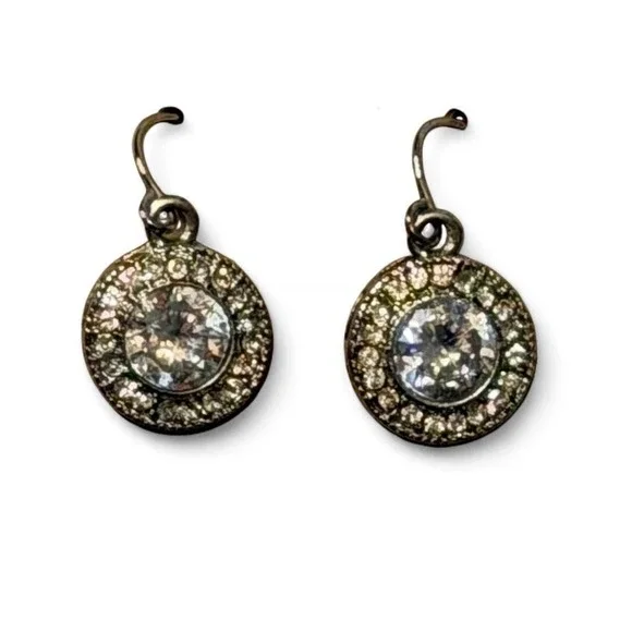 Vintage style Silver & Crystal‎ Round Halo Drop Earrings