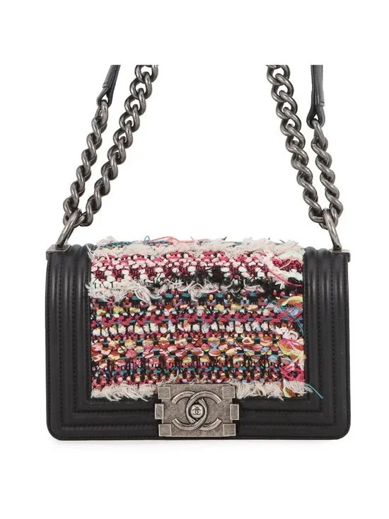 Chanel Chain Shoulder Bag Boy Small Quilted CC Logo Lambskin Tweed Black