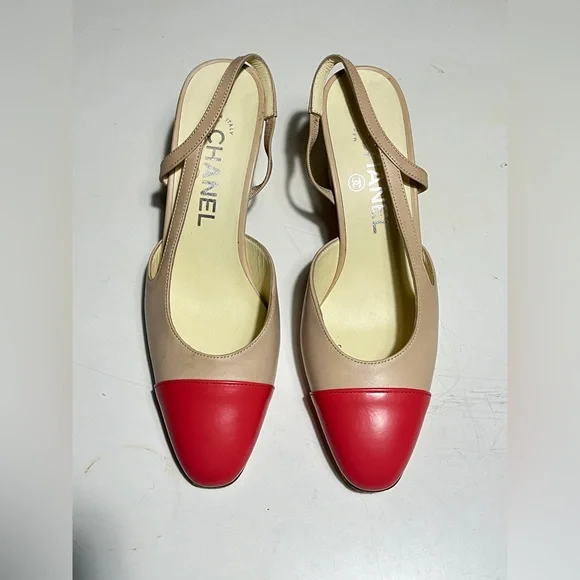 CHANEL Women's Red and Beige Heels