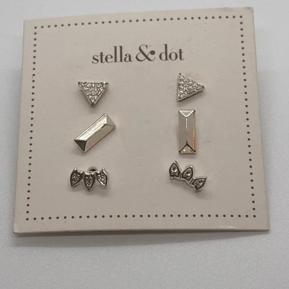 Stella & Dot Earrings Set of 3 Pairs Stud Earrings Silver Tone Geometric Crystal