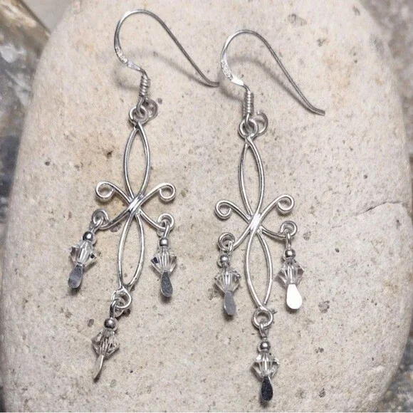 .925 Sterling Silver Crystal  Scroll Dangle Earrings