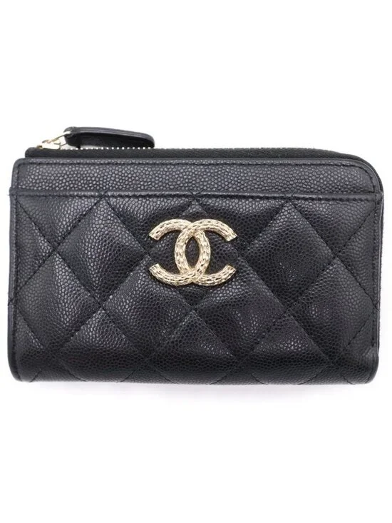 Chanel Quilted CC Logo Card Case Fragment Caviar Leather Black Gold