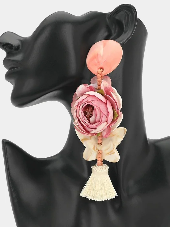 Pink Floral Tassel Statement Earrings - Women Jewelry