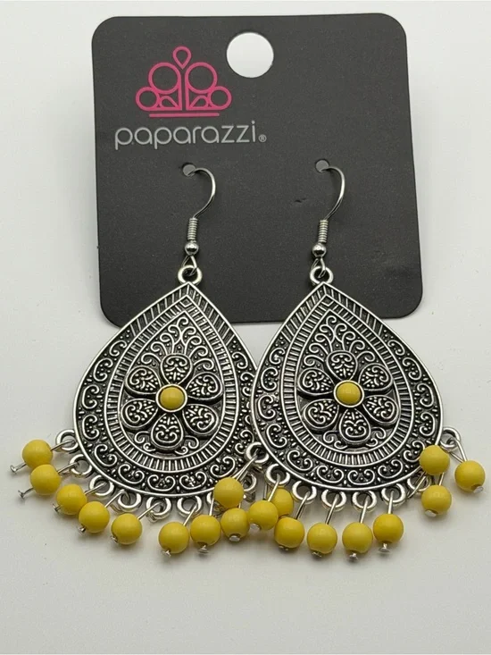 NWT paparazzi Blossoming Teardrop Filigree Earrings Yellow Beads Boho Festival