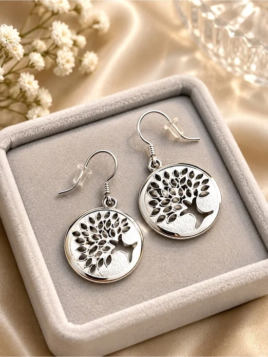 S925 Sterling Silver Tree of Life Dangle Earrings | Round Cutout Design