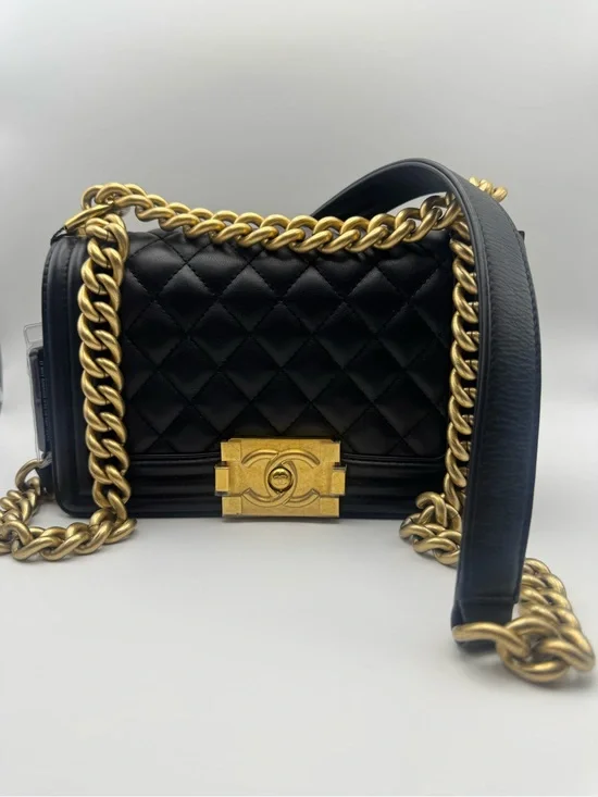 Microchipped CHANEL Black Quilted Shoulder Bag with Gold Chain and CC Lock