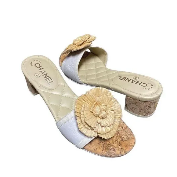 Chanel Bone CC Cork Straw Flower Sandals Mules