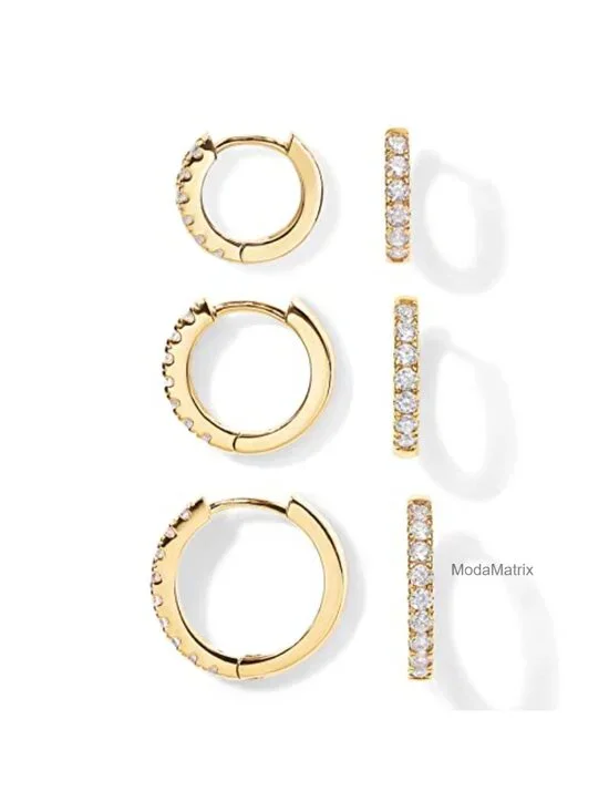 14K Gold Plated Hoop Earrings Set - 3 Pairs Huggie Earrings with Cubic Zirconia
