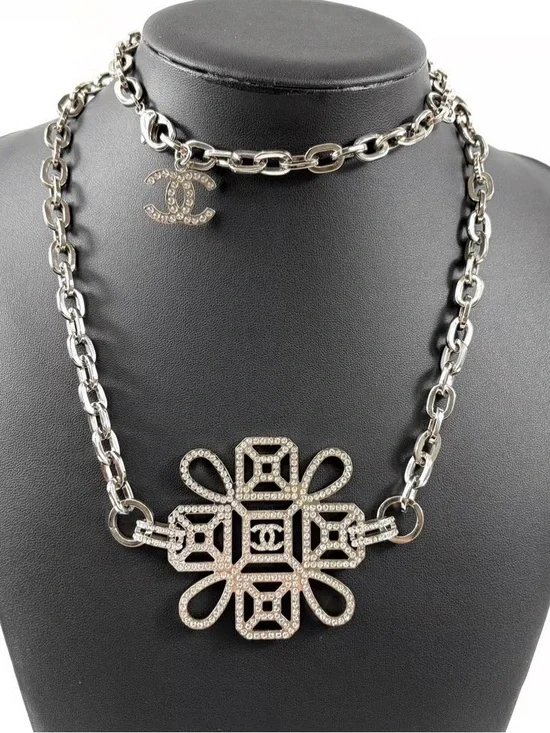 CHANEL Archival Silver-Tone Crystal Byzantine Medallion Statement Necklace