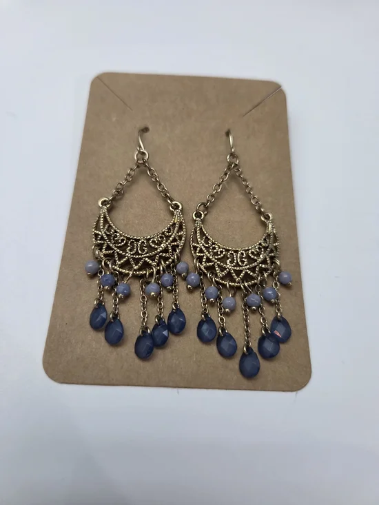 Gold Tone Filigree Chandelier Earrings with Blue Beads