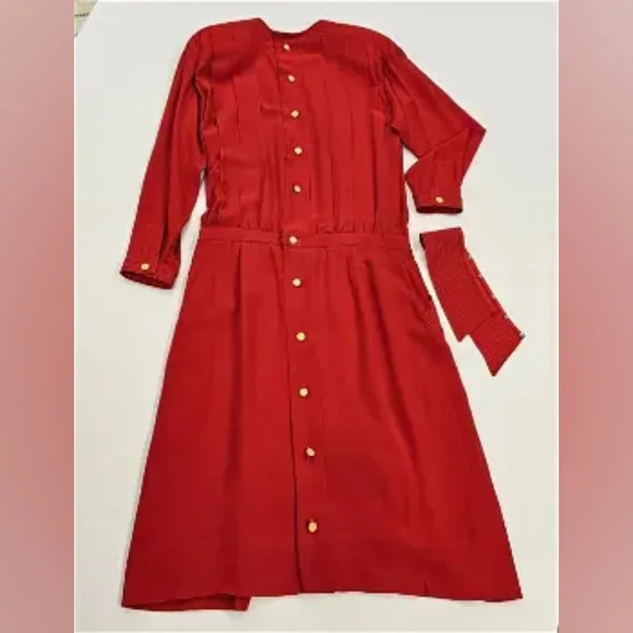 Chanel Red Silk Dress with Gold Buttons