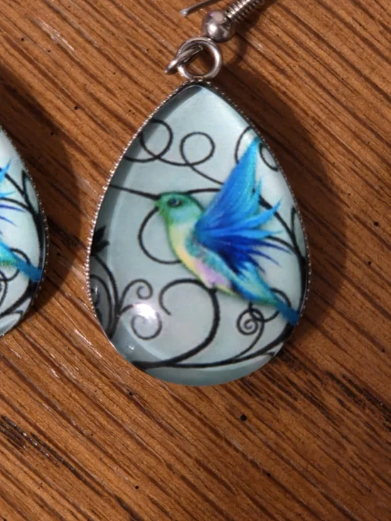 Teardrop Earrings with Blue-Green Hummingbird