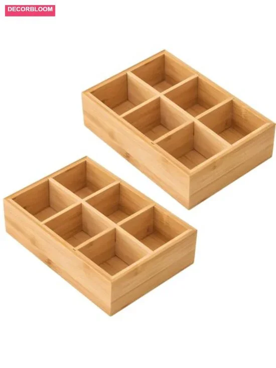 2 Wooden Tea Bag Organizer Boxes, 6 Compartment Storage, Coffee Pods, Sugar