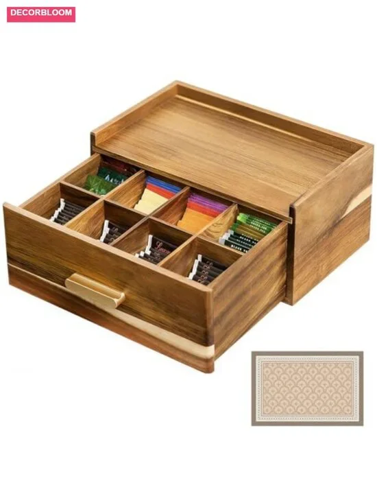 Acacia Wood Tea Bag Organizer with Drawer, Tea Storage Chest